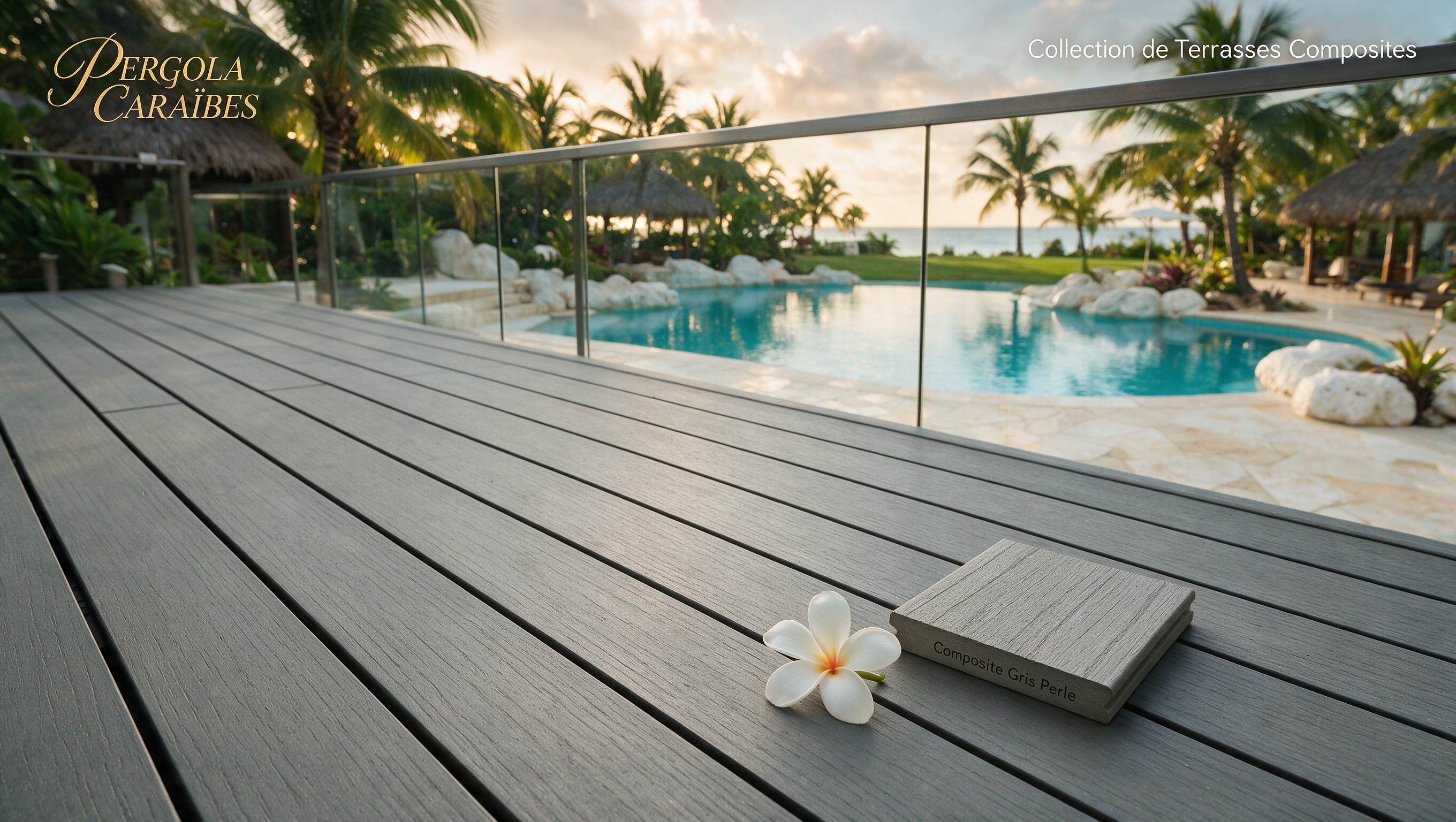 Lames de terrasse composite grises en plan large